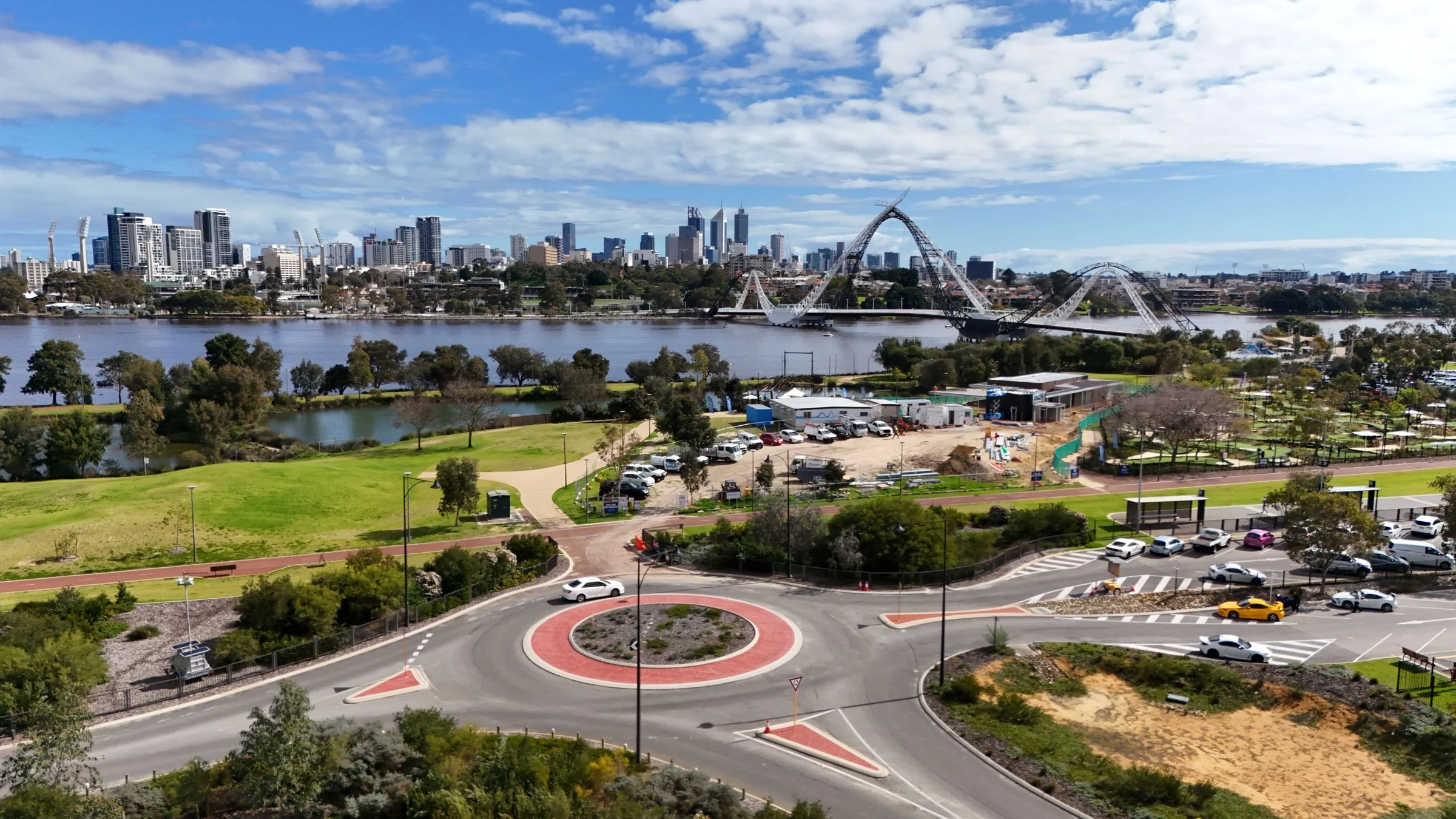 Perth skyline and Matagarup Bridge across the Swan River